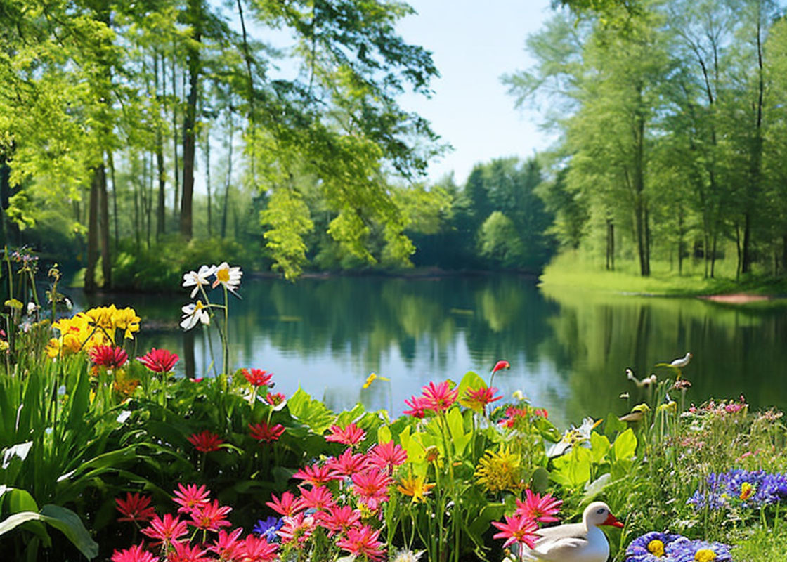 Colorful flowers and duck by tranquil lake with green trees under blue sky