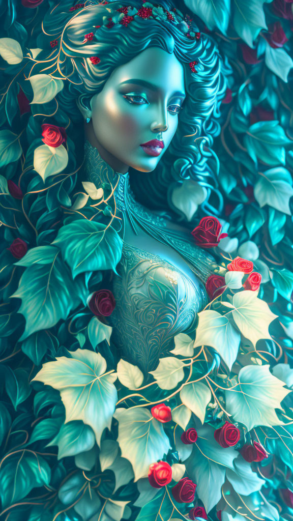 Surreal illustration of woman with metallic blue skin among green leaves and red roses