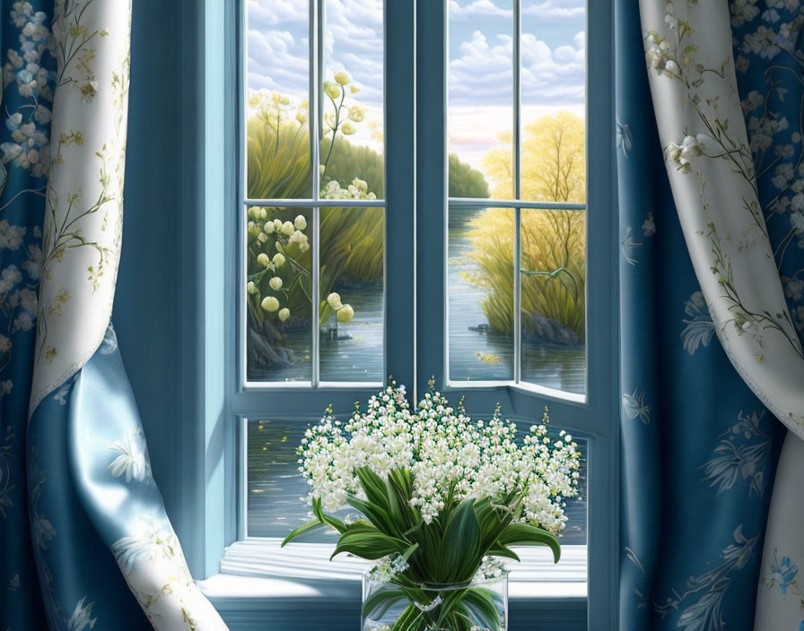 Sunlit Window with Blue Curtains, River View, and White Flowers