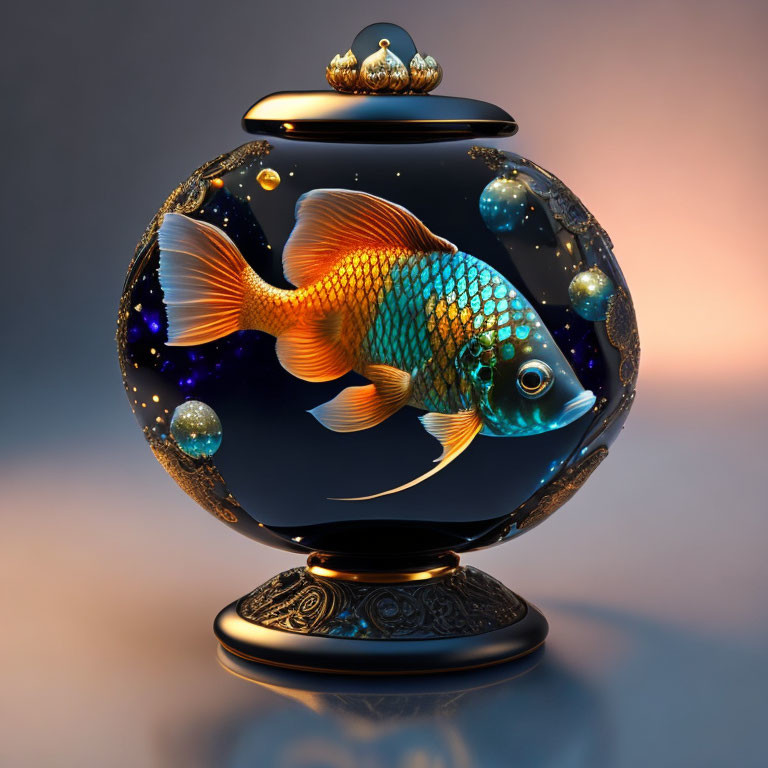 Colorful Goldfish in Cosmic Patterned Spherical Aquarium