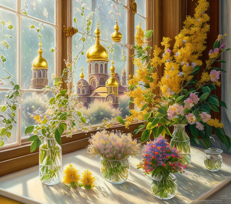 Sunlit Flowers in Vases with Church Domes in Background