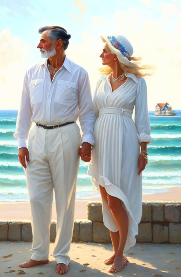 Elderly couple in white attire holding hands on beach promenade