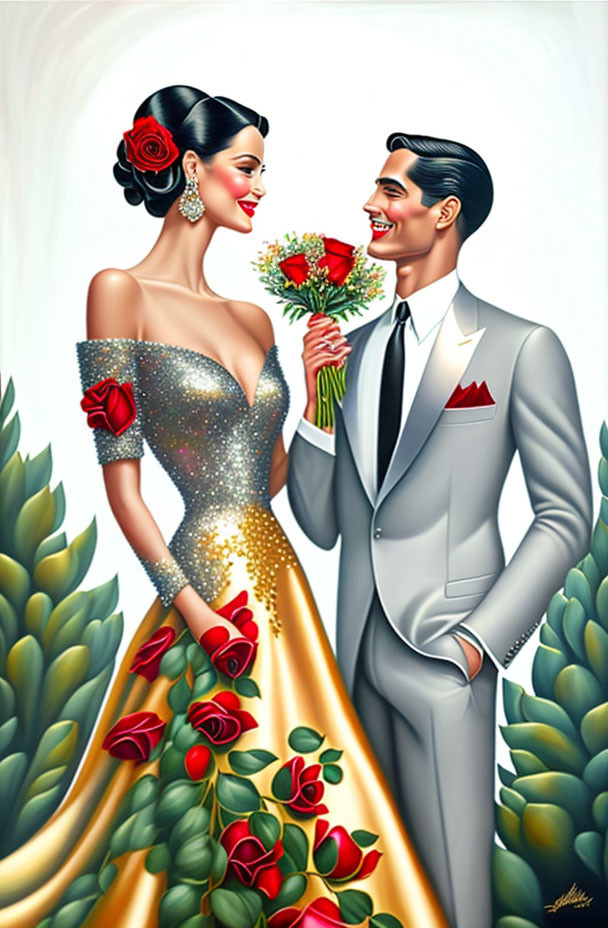 Illustration of elegant couple in formal attire smiling at each other