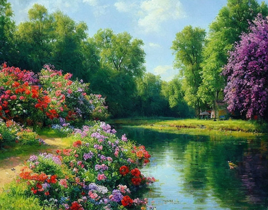 Colorful riverside painting with blooming flowers and lush greenery