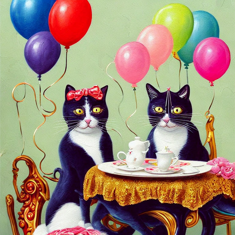 Anthropomorphic Cats Tea Party with Colorful Balloons on Green Background