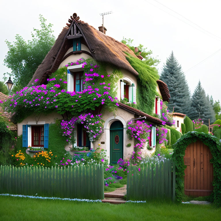 Thatched-Roof House with Greenery and Flowers