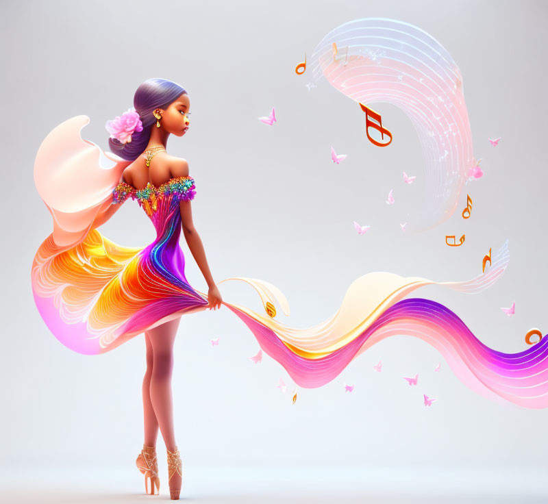 Colorful Illustration of Woman in Musical Note Dresses