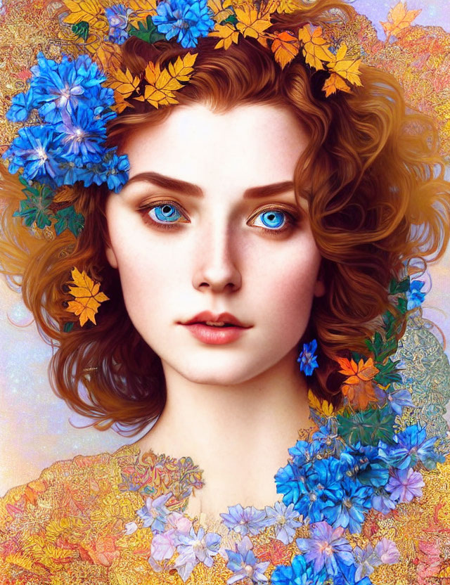 Young woman with blue eyes and auburn hair wearing a floral crown