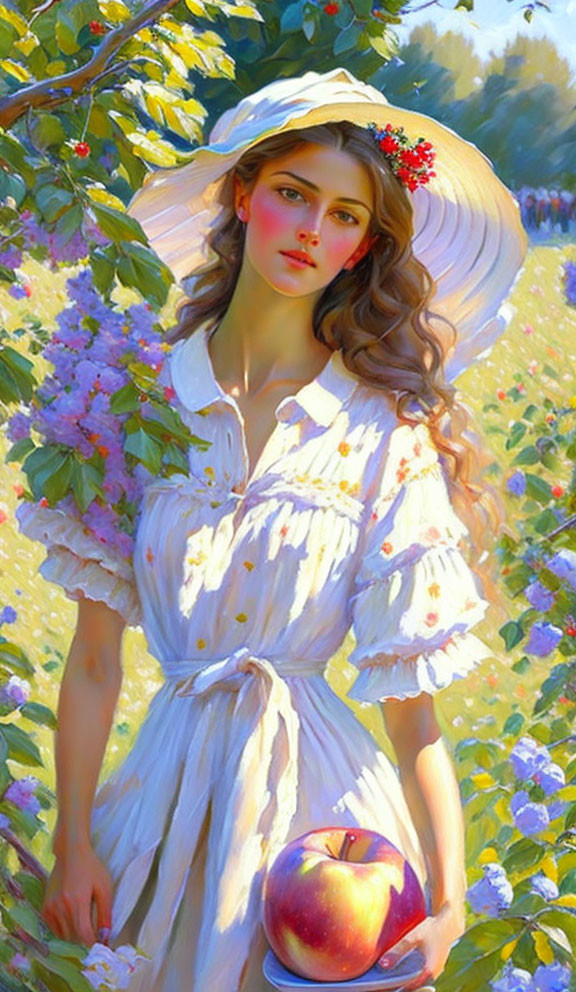 Young woman in white dress holding apple in sunlit orchard