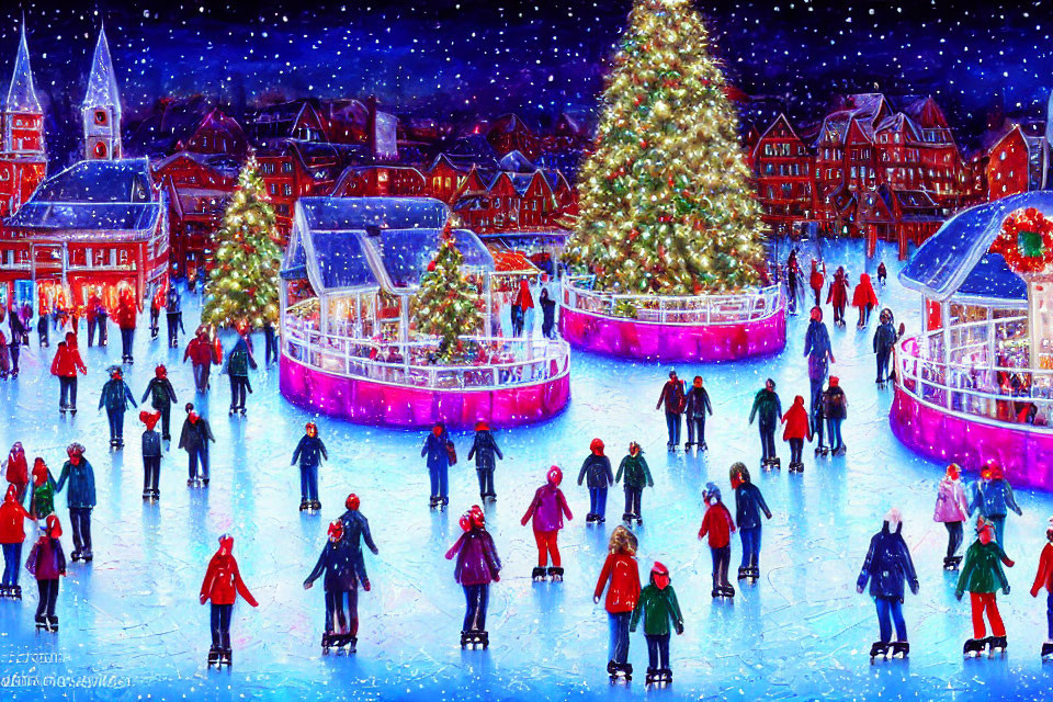 Festive Christmas market with ice skating, illuminated tree, stalls, and snowy background