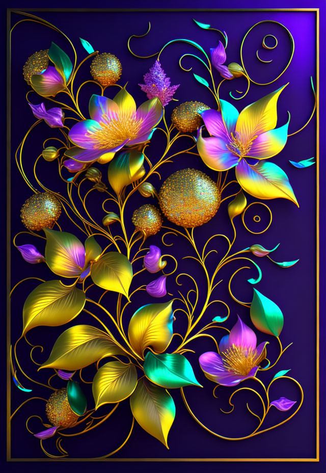 Colorful digital artwork: stylized flowers and leaves in iridescent blues, golds, and