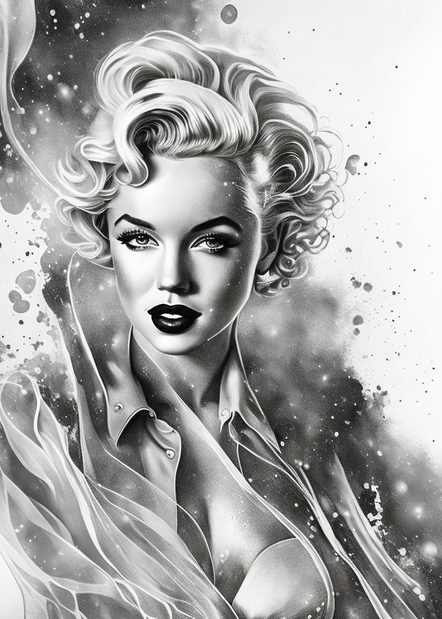 Monochrome digital portrait of woman with retro hairstyle and makeup in ethereal setting