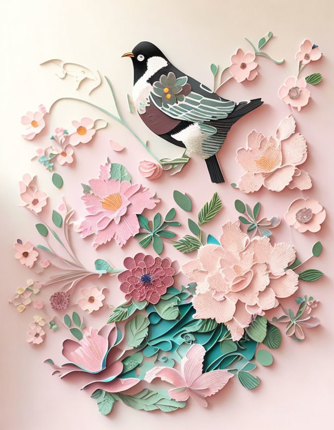 Detailed Paper Art Composition of Bird with Floral Patterns