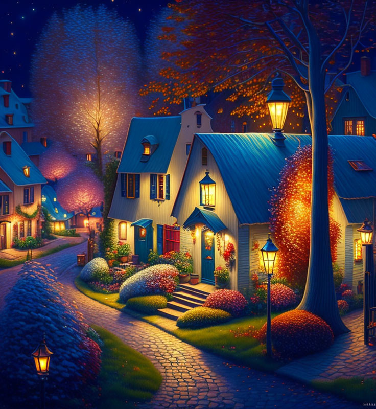 Charming village street scene with glowing lamps, cobblestone path, and colorful foliage at night