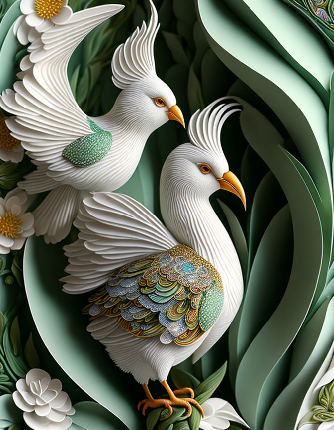 Stylized white birds with ornate feathers in green foliage and white flowers