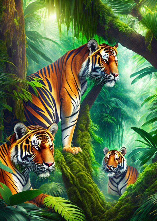 Three tigers in lush jungle setting with vibrant green foliage