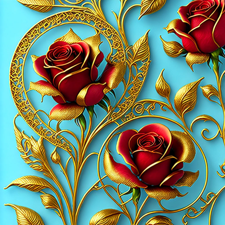 Gold ornamental elements and red roses on blue background with intricate patterns and floral motifs