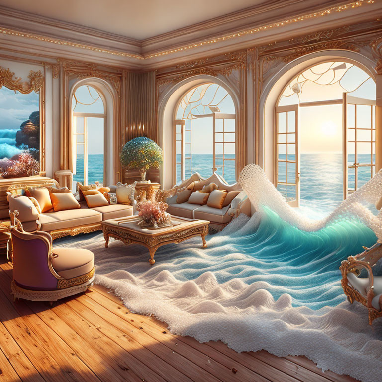 Surreal living room with classic furniture and ocean waves flowing indoors