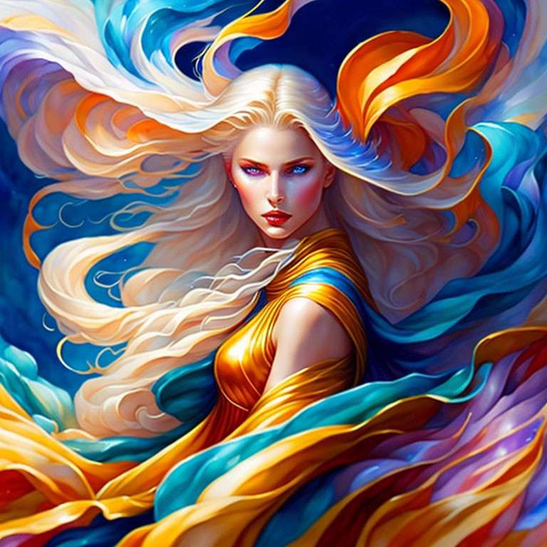 Vibrant digital artwork: Woman with golden hair and fiery swirls