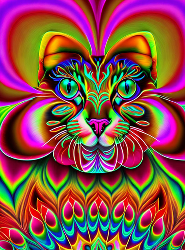 Vibrant psychedelic cat art with swirling patterns