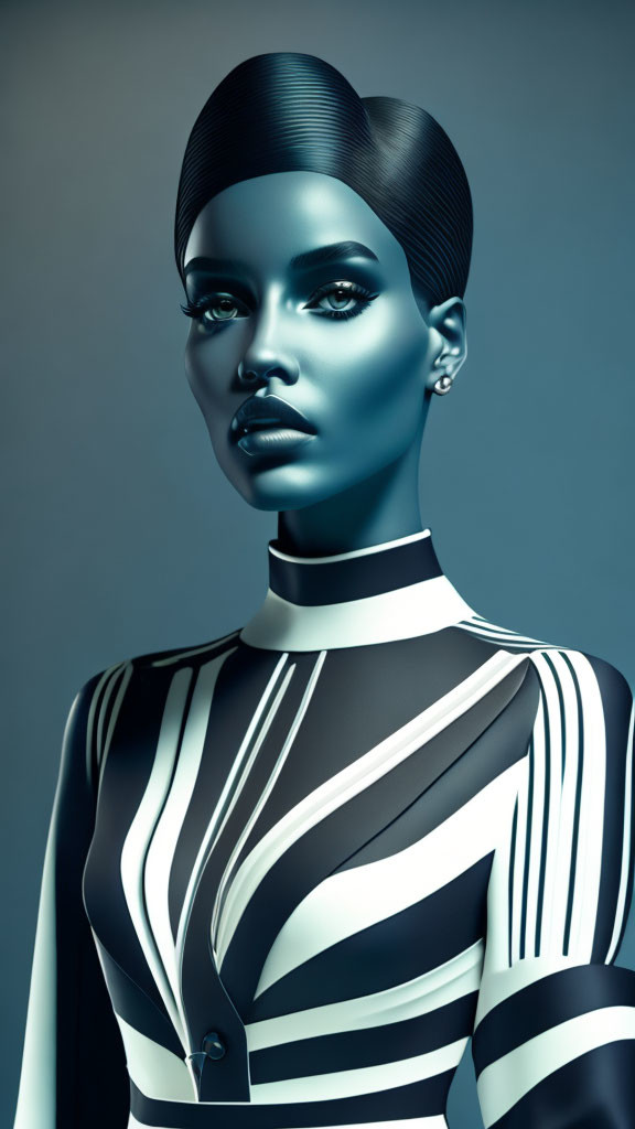 Stylized 3D female figure in blue and white striped attire with avant-garde hair