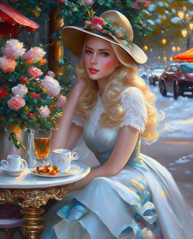 Vintage-dressed woman at cafe table with tea and cake in elegant outdoor setting