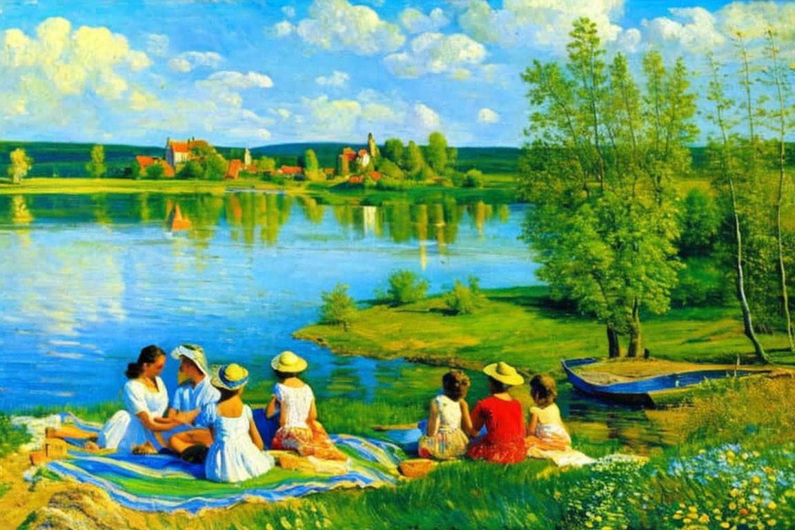 Six people by calm river with boat, village backdrop, blue skies - vibrant painting