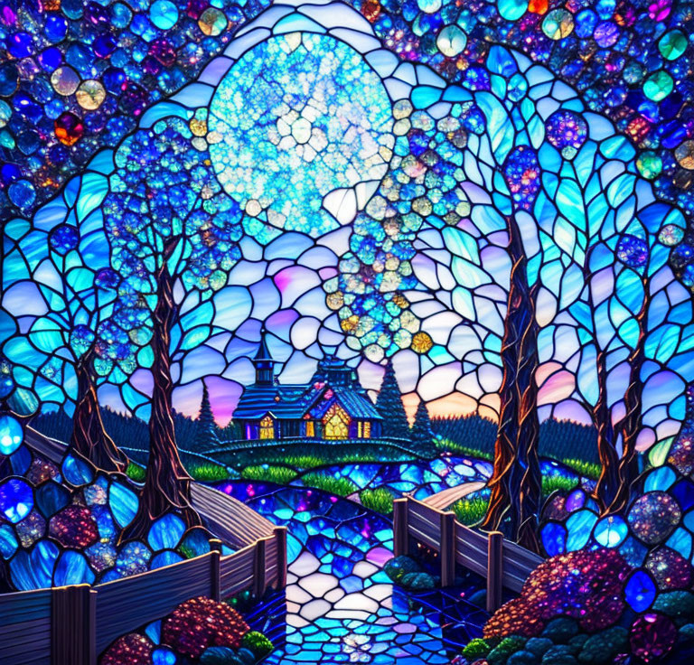 Stained glass art style: Luminous tree, cabin, wooden fence under star-filled sky