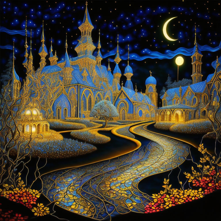 Luminous night scene with glowing path to illuminated castle