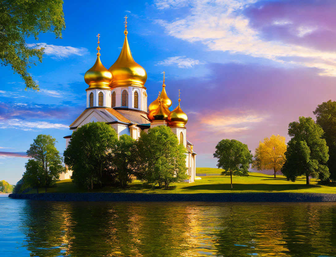 Church with Golden Domes by Tranquil River at Sunset