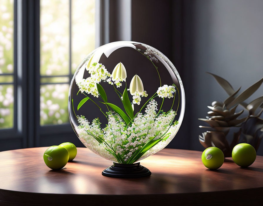 Glass Sphere with Tulips, Flowers, and Green Apples on Wooden Table