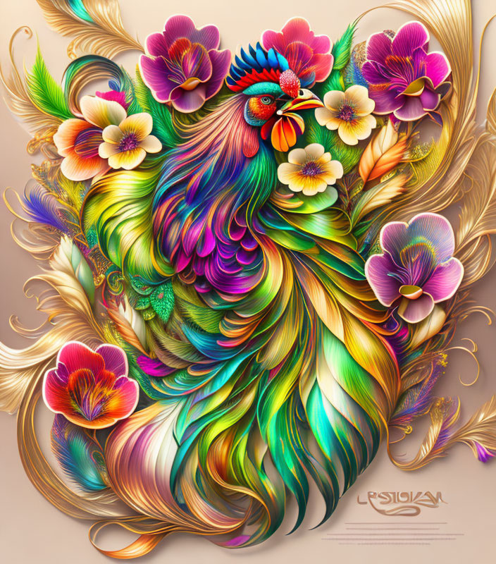 Colorful Stylized Peacock Artwork with Flowers on Creamy Background
