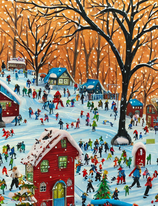 Winter ice-skating scene on frozen pond with snow-covered trees and colorful houses