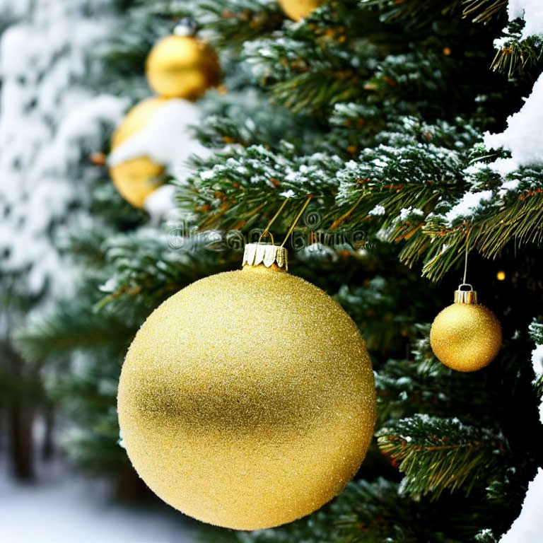 Festive Christmas tree with golden baubles and snow