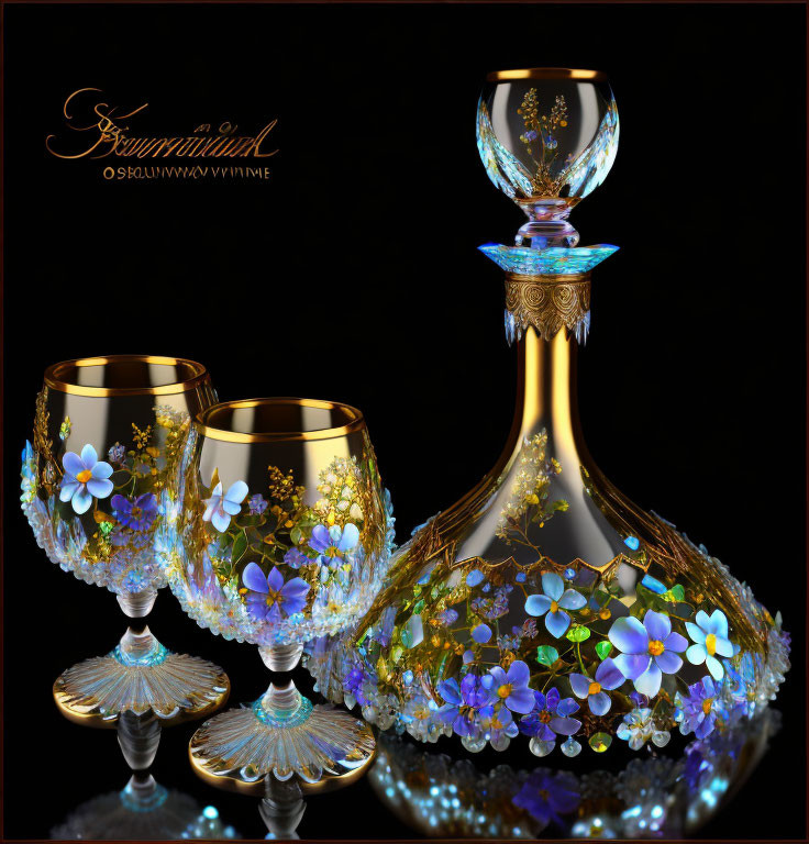 Gold and floral embellished decanter set with glasses on dark background.