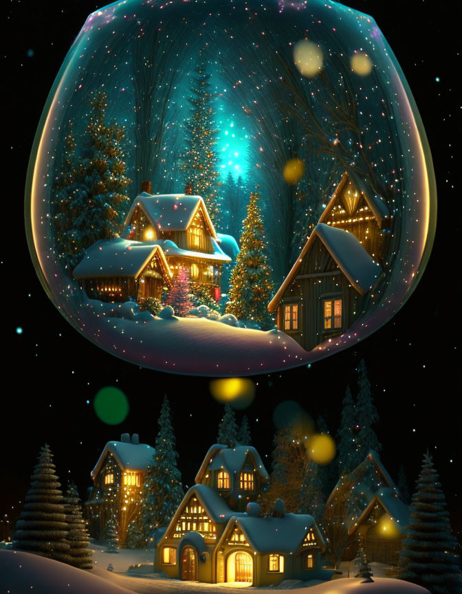 Snowy village scene under starry sky in dome and backdrop.