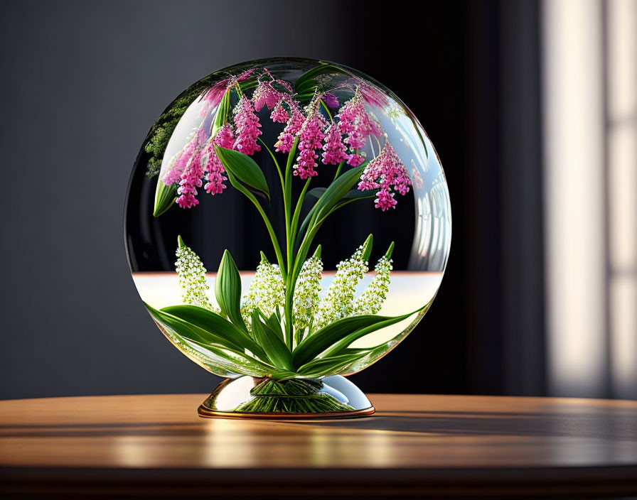 Glass vase with green plant and pink flowers on wooden surface