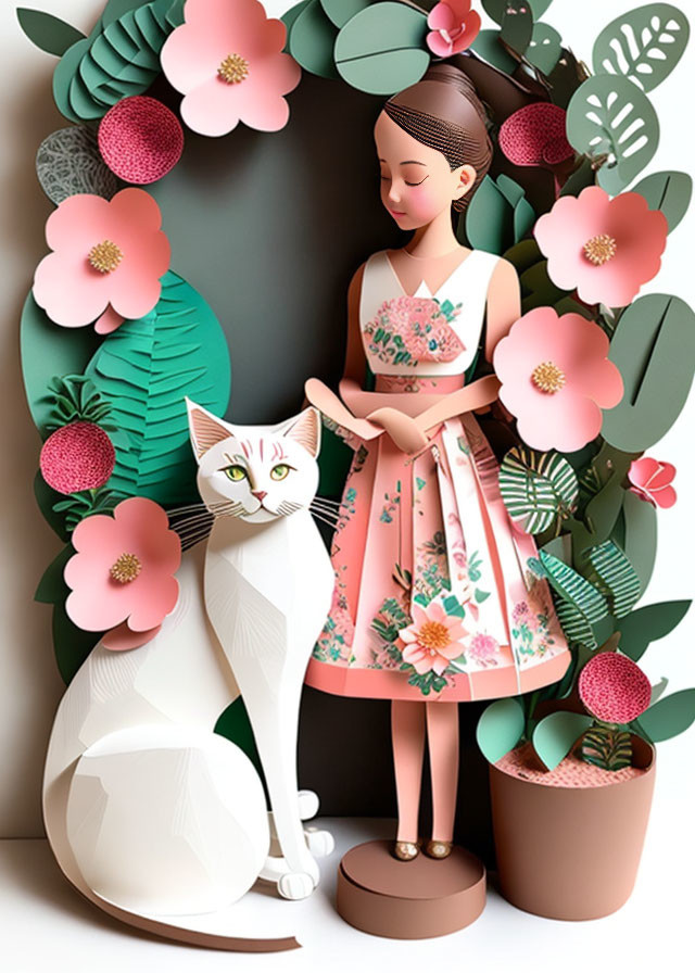 Detailed 3D illustration of woman in floral dress with white cat among flowers and leaves