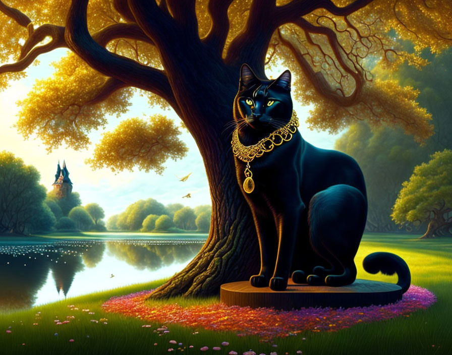 Black Cat with Golden Collar Resting by Lake and Castle