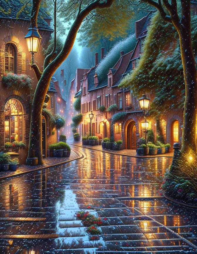 Snow falling on quaint cobblestone street at dusk