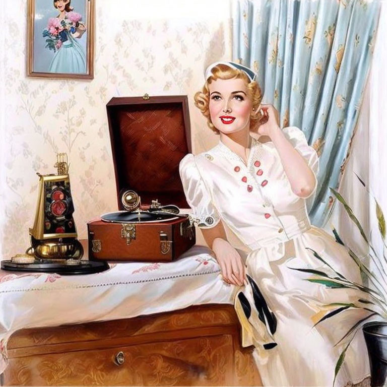 Vintage illustration of smiling woman by record player in white dress