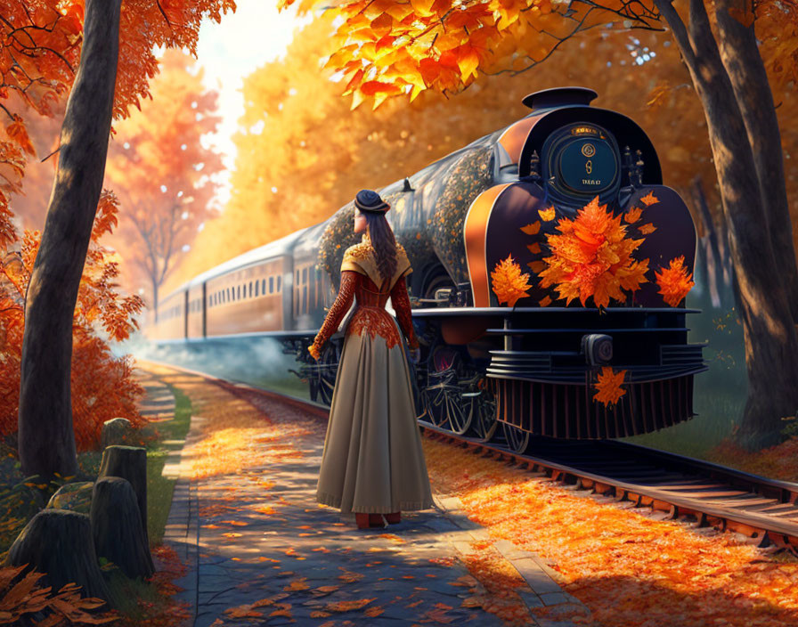 Person on Autumnal Tracks with Vintage Steam Train and Fall Foliage