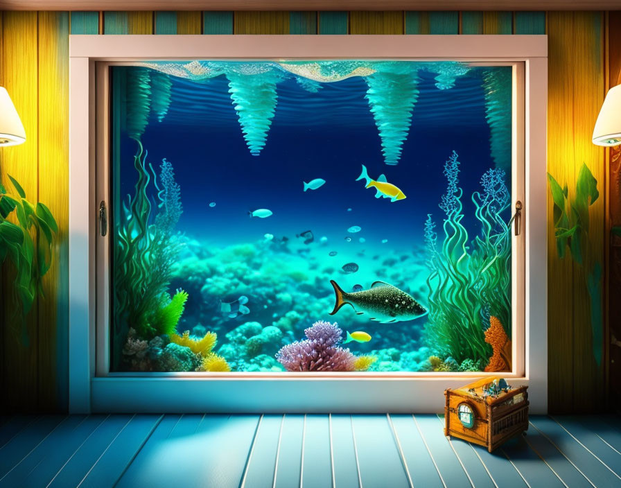 Colorful Underwater Scene with Fish, Coral, and Seaweed Through Window