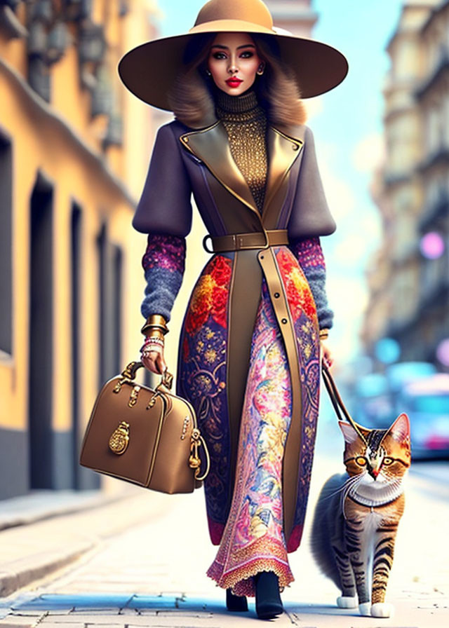 Stylish woman in wide-brimmed hat with tabby cat on city street