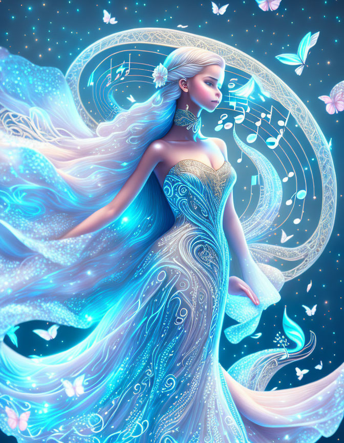 Ethereal animated woman with flowing blue hair in celestial setting