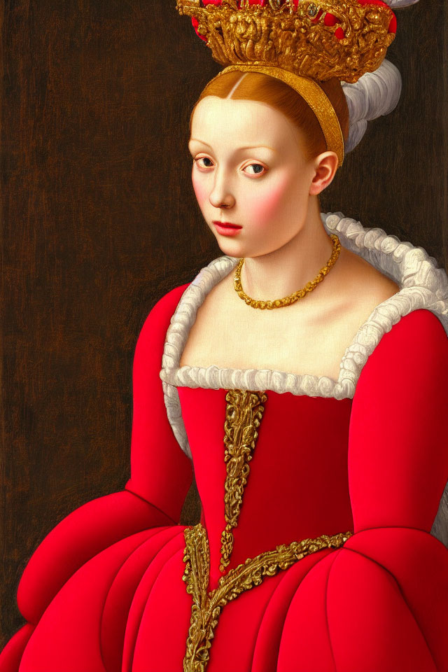 Young woman in red dress with lace collar, gold necklace, and headdress.