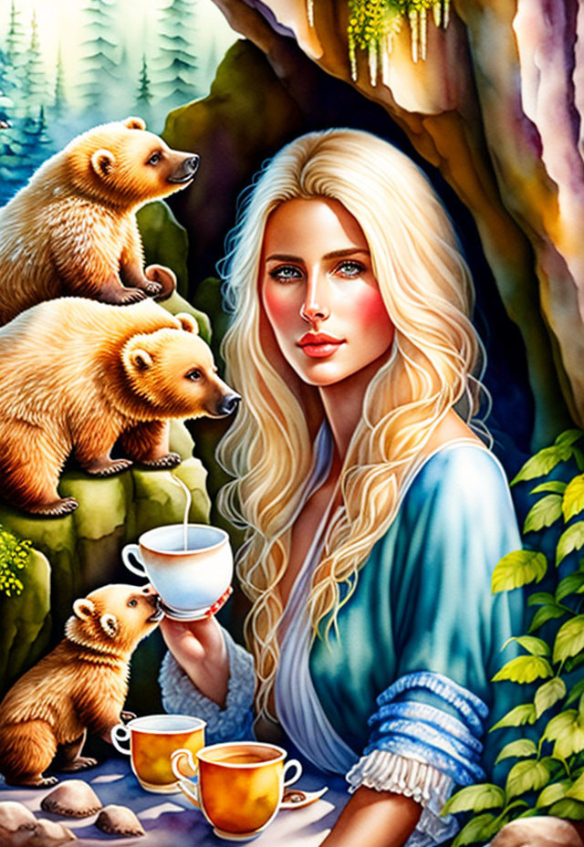 Blonde woman with teacup and bears in forest scene