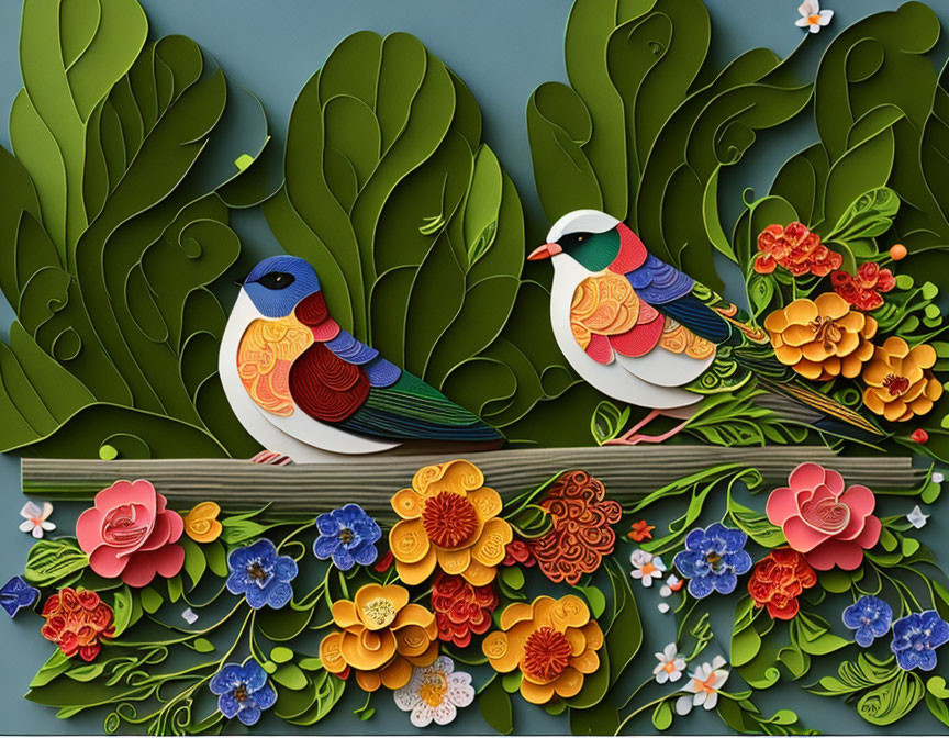 Colorful paper art birds on branch with green foliage and flowers