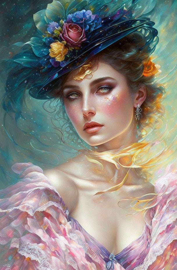 Digital artwork: Woman with dreamy eyes, wide-brimmed hat, rose adornments, pink