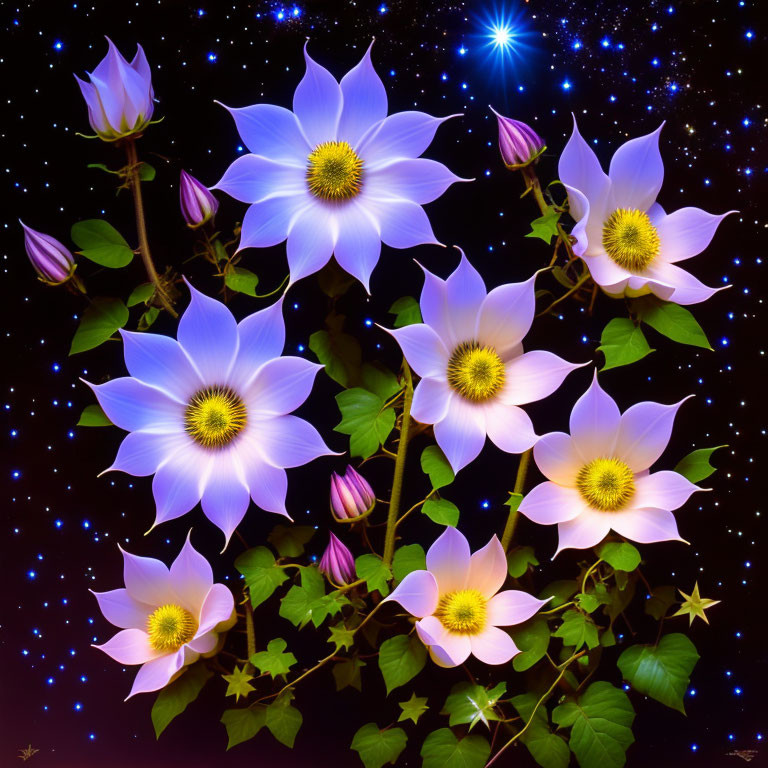 Digital illustration of white and purple flowers on starry night sky.